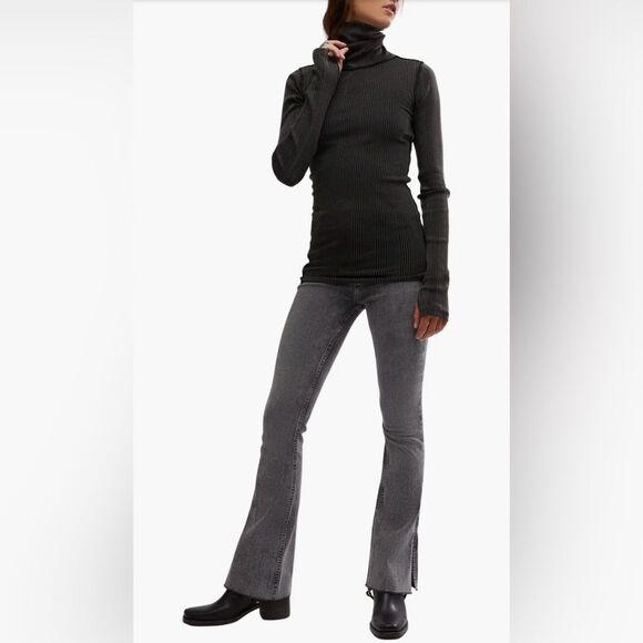 free people XS Black Brynn Turtleneck Scrunched Ribbed Thermal Cotton Top - Picture 14 of 16